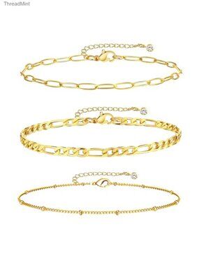Layered Ankle Bracelet Set with Shell Charms - Link, Bead, Paperclip Chains